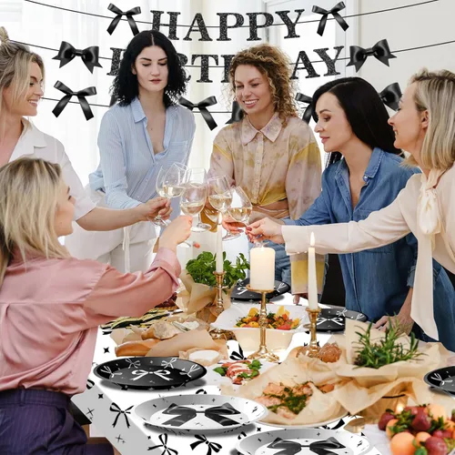 Miniatura 7 de Suministros de fiesta de cumpleaños de lazo negro para niña, decoraciones de fiesta de cumpleaños coquette incluyen platos de lazo negro