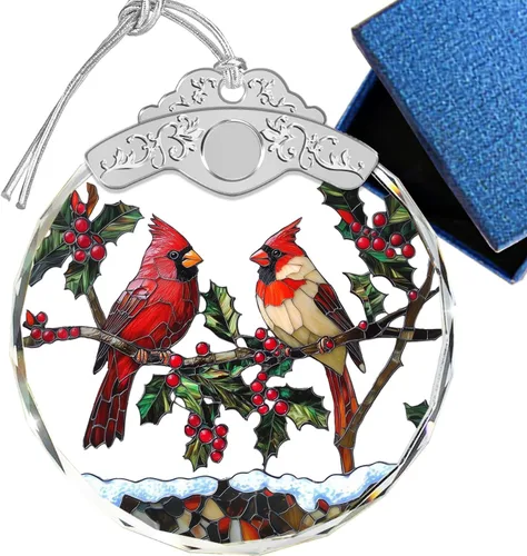 Miniatura 8 de Adornos de Navidad – Pájaros Cardenales y Flores Ornamento de Vidrio Emplomado – Decoración Navideña – Adornos para Árbol de Navidad – Regalos