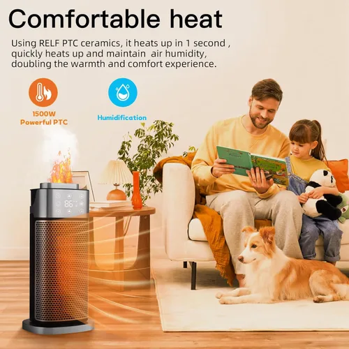 Miniatura 2 de RELF Calentador de cerámica PTC de 1500 W con humidificador, oscilación de 70°, control remoto, modo ECO, temporizador y protección contra vuelcos