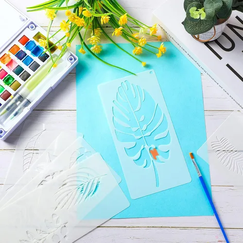 12 plantillas de pintura de hojas de helecho tropical, plantillas grandes reutilizables de hoja de tortuga de palma, plantillas de pared flexibles