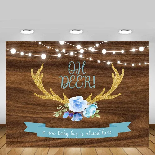Miniatura 5 de MEHOFOND 7 x 5 pies Oh Deer Baby Shower fondo utilería azul floral madera rústica It's A Boy Baby Shower Gold Buck caza luces con purpurina bosque