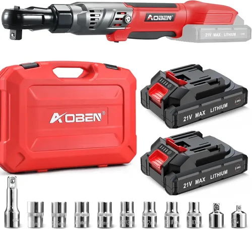AOBEN Kit de llave de trinquete inalámbrica de 21 V de 1/2 pulgadas - 74 pies-libras, trinquete de potencia eléctrica sin escobillas con velocidad