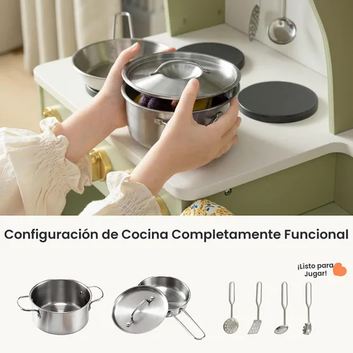 Miniatura 6 de Tiny Land - Cocina de juguete para niños, de madera, con sistema de almacenamiento, juego de cocina con muchas funciones de juego, de juguete