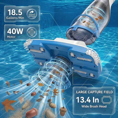 Miniatura 2 de Consciot Aspiradora de piscina para piscina sobre el suelo y piscina enterrada, limpiador de mano recargable con poste telescópico, succión de 18.5