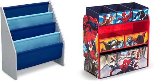 Estantería para libros y juguetes Delta Children, en color gris/azul y organizador de juguetes Spider Man con contenedores de madera de ingeniería