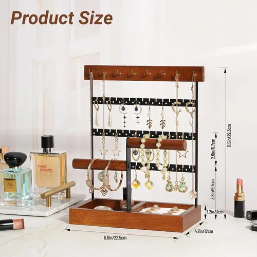 Miniatura 5 de JAZUIHA Organizador de joyas, soporte para collares, aretes, soporte organizador de 3 niveles con 15 ganchos, exhibición de pulsera con base