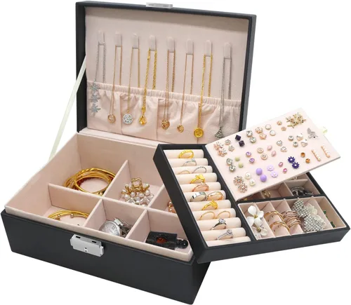 MRMOSY Joyero para mujeres y niñas organizador de joyas estuche de almacenamiento de 2 capas de piel sintética con bandeja extraíble y cerradura