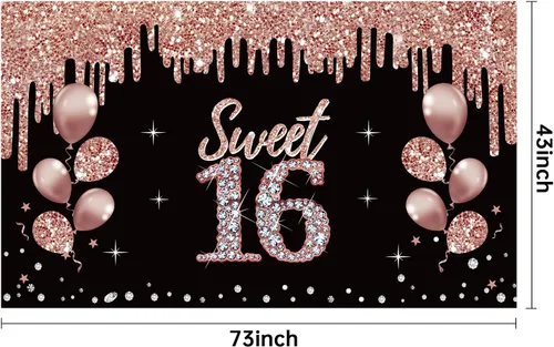 Miniatura 2 de Cartel de decoración de feliz cumpleaños número 16 para niñas, decoración de cumpleaños de 16 años de oro rosa, suministros de fiesta, fondo