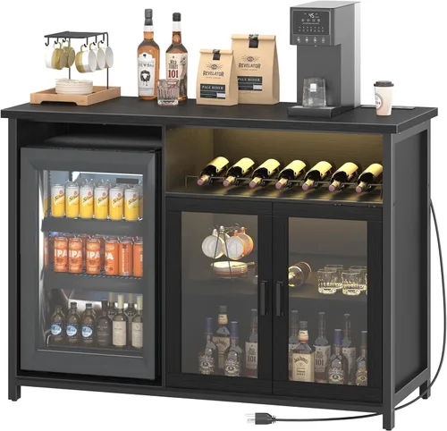 Miniatura 8 de Gabinete de barra de vino con espacio para mini refrigerador, gabinete de barra de café negro y gabinete de licores con estante de almacenamiento