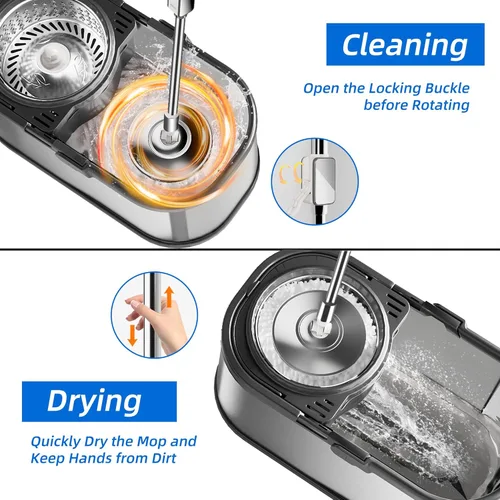 Miniatura 2 de Trapeador giratorio y cubo con escurridor para el hogar, trapeador de 360° y cubo con agua limpia y sucia separada, mopa de polvo húmedo para Plata