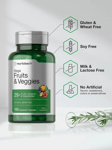 Miniatura 5 de Horbäach Suplemento Mega frutas y verduras 100 cápsulas Vegetariano, sin OMG y sin gluten