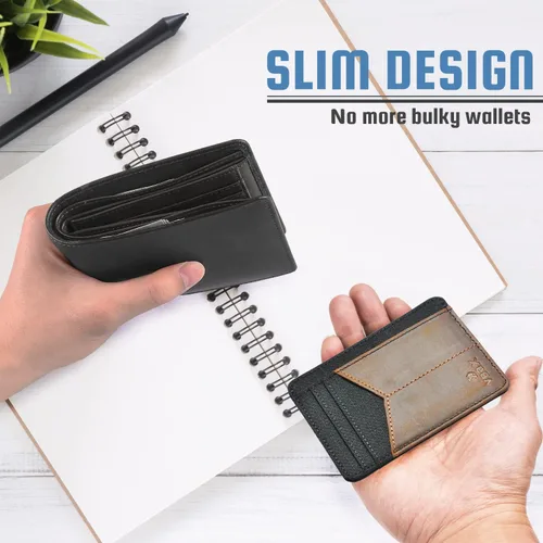 Miniatura 3 de Cartera delgada para hombre con bolsillo frontal minimalista de cuero RFID, Negro, bronceado, Minimalista