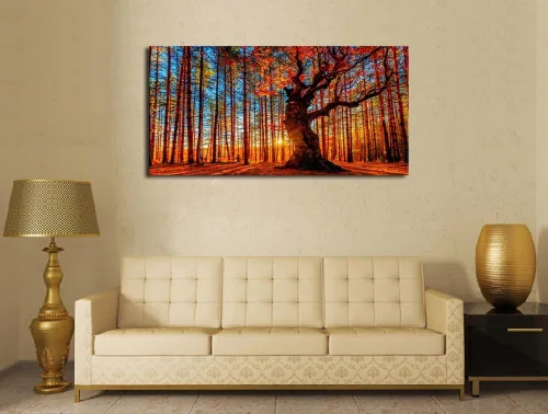 Miniatura 4 de Arte de pared de bosque al atardecer, cuadros de árboles de hojas rojas, paisaje, lienzo, obra de arte contemporánea, pintura de naturaleza impresa
