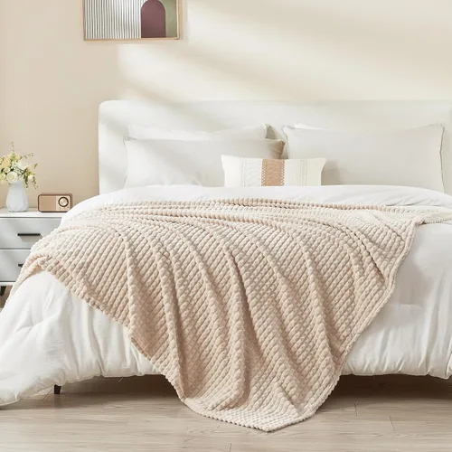 Miniatura 5 de EMME Manta de vellón, manta jacquard 3D para sofá y cama, manta suave, acogedora y esponjosa, ligera, de franela de lujo con diseño de cuadrícula