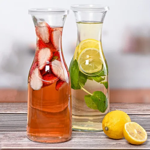 Miniatura 5 de Estilo Jarra de vidrio de 1 litro con tapa para 1 litro (2), agua, porción de jugo, diseño de cuello alto y estrecho, 33 onzas, juego de 2
