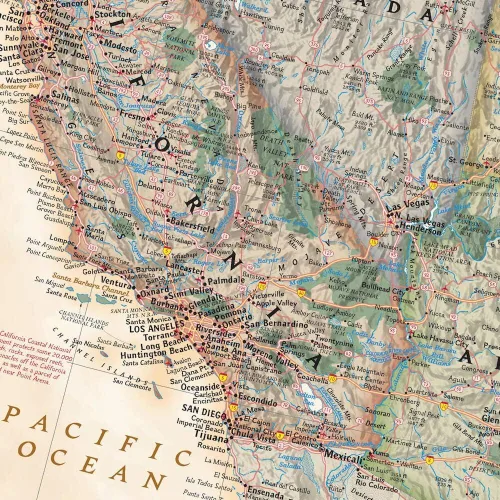 Miniatura 10 de 3 paneles - Mapa de viaje colorido del mundo con alfileres en lienzo envuelto en galería, mapa de pared grande