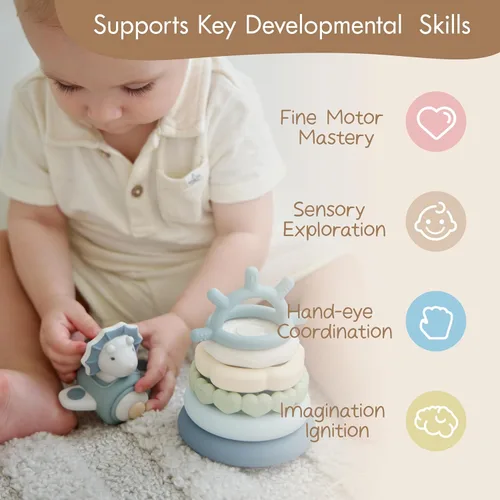 Miniatura 3 de Moonkie Juguetes apilables de dinosaurio para bebés, anillos de silicona de 7 piezas para aliviar la dentición, juguete educativo para bebés y niños