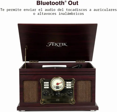 Miniatura 3 de FEKTIK Tocadiscos Bluetooth 10 en 1, tocadiscos de 3 velocidades con altavoces, entrada y salida Bluetooth, CD, casete, radio FM, transmisión