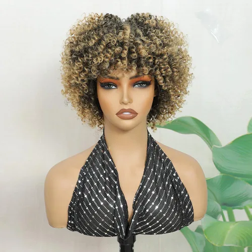 Miniatura 8 de Peluca rizada corta con flequillo peluca sintética afroamericana para mujeres negras, fibra sintética de alta temperatura, pelucas rizadas