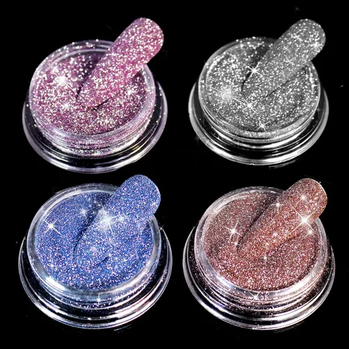 Allstarry - Polvo brillante para uñas con diamantes, 4 colores, purpurina reflectante coreana, polvo brillante para uñas, pigmento de polvo