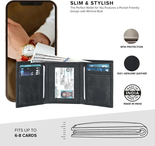 Miniatura 7 de Real Leather Trifold Wallet For Men - Slim Ultra Thin Tri Fold Front Pocket Minimalist Credit Card Holder ID Window Gift Men