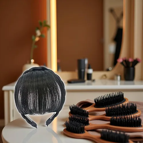 Miniatura 4 de Jowxsx Extensiones de cabello humano 100% negro, con clip, color negro medio, fleco con flequillo, con red agradable, flequillo plano natural