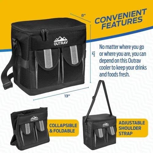 Miniatura 3 de Enfriador aislado acolchado negro – Capacidad de 30 latas – Bolsa suave plegable a prueba de fugas para camping, picnic y viajes – Compartimento