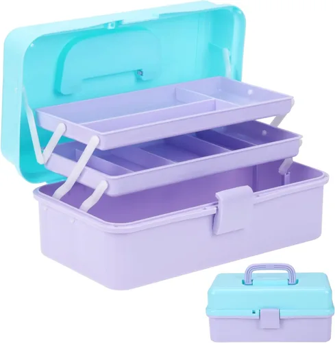 Miniatura 12 de Organizador de manualidades, caja de aparejos plegable portátil de 3 capas, caja de herramientas de plástico con asa para suministros de costura