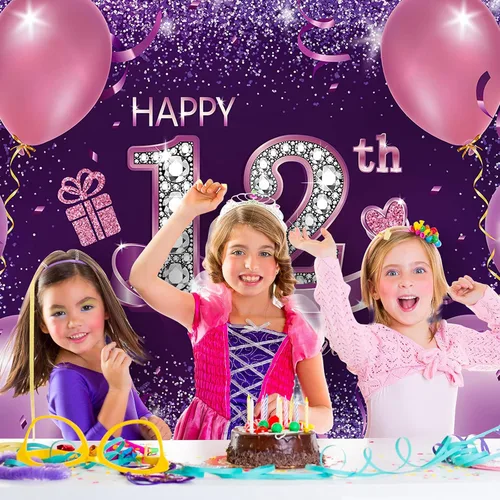 Miniatura 6 de Decoraciones de fiesta de cumpleaños, pancarta grande de tela de feliz 12 aniversario, fondo de cabina de fotos rosa y morado con cuerda para fiesta