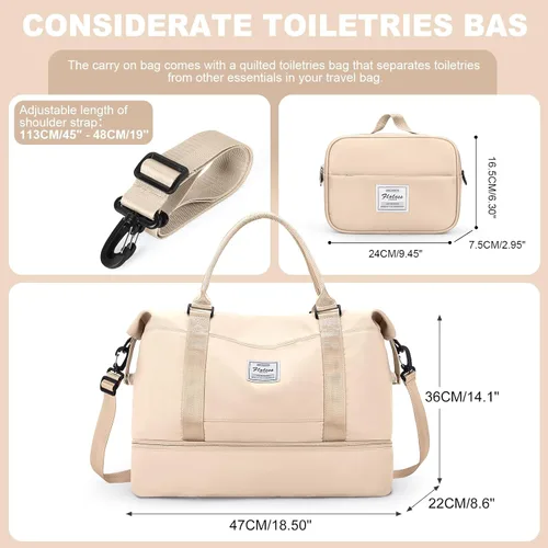 Miniatura 2 de Bolsas de fin de semana para mujer, bolsas de viaje con compartimento para zapatos, Beige, Bolsa de viaje+neceser
