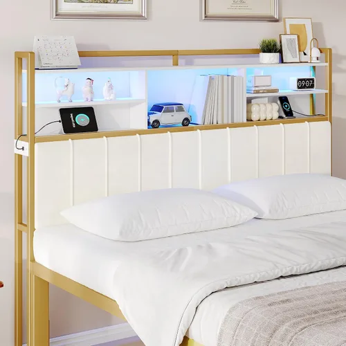Miniatura 9 de Hzuaneri Cabecero con estantes de almacenamiento de 3 niveles, tablero de cabecera tapizado de terciopelo con 2 tomas, puertos USB y luz LED, Marrón