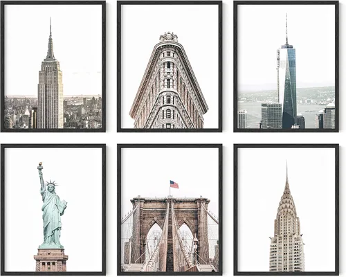 HAUS AND HUES Arte de pared de la ciudad de Nueva York y pósteres de Nueva York, juego de 6 pósteres de la ciudad de Nueva York, decoración de pared