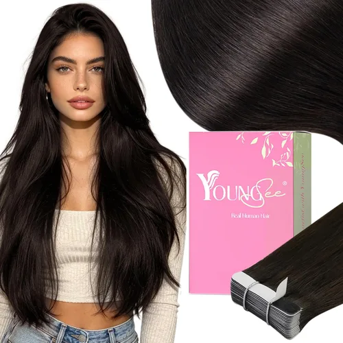 Miniatura 17 de YoungSee - Extensiones de cabello humano con cinta adhesiva, color negro ombre, extensiones de cabello humano real, cinta adhesiva invisible