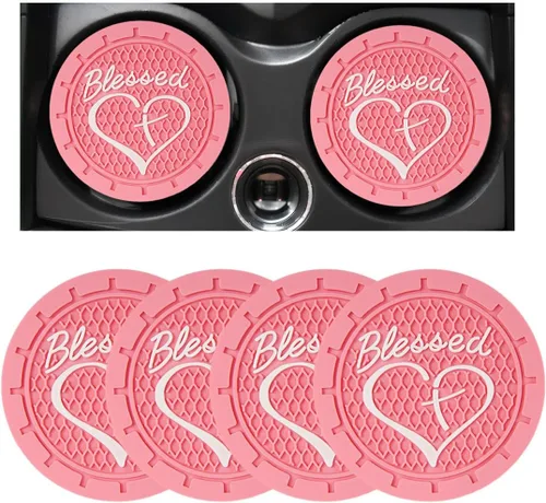 Miniatura 10 de Dickno 2 piezas posavasos para portavasos de automóvil, 2.76 pulgadas cruz bendita y corazón tapete de bebida cristiano, PVC suave antideslizante a