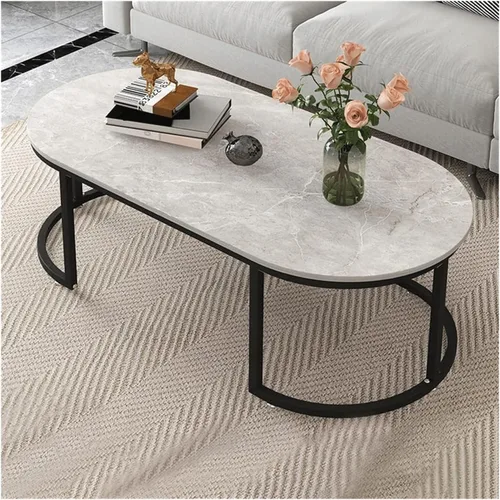 Mesa de centro ovalada de mármol nórdico, mesa auxiliar de metal creativo nórdico, mesa central de hierro forjado a la moda con metal e hogar Marrón