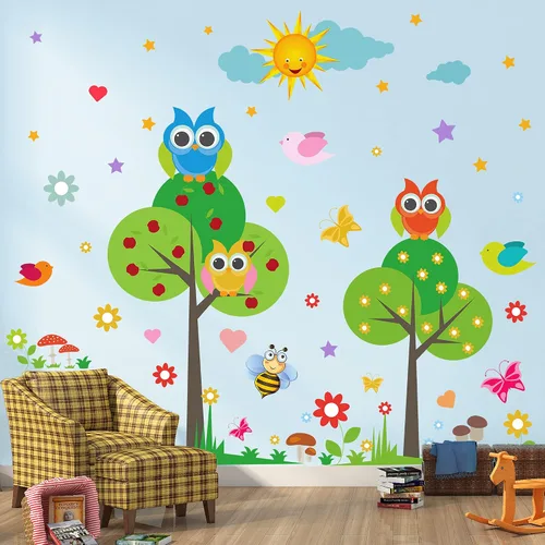 Calcomanía de pared de animales para niños, diseño de flores, pájaros, mariposas, bricolaje, extraíble, despegar y pegar, decoración de árbol verde
