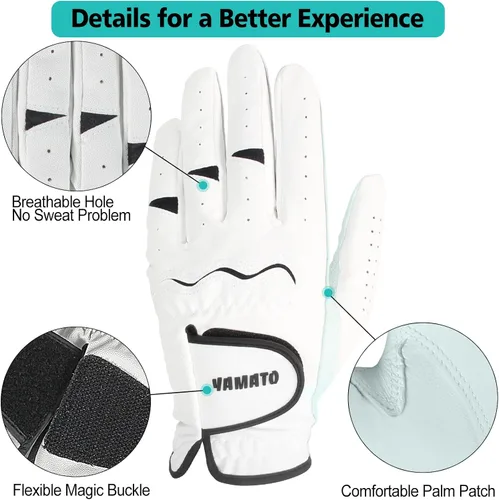 Miniatura 2 de Yamato Paquete de 3 guantes de golf para hombre, guantes duraderos de cuero blanco Cabretta para todo tipo de clima, para golfistas diestros