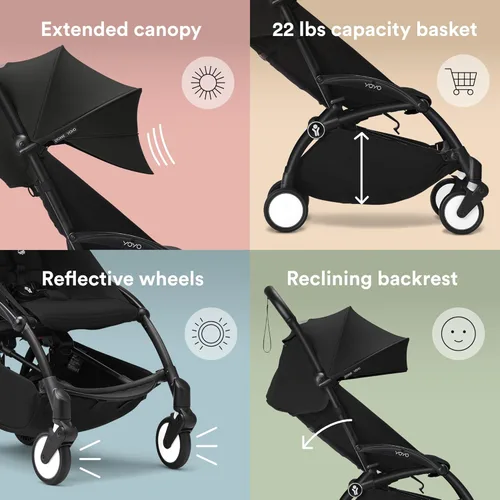 Miniatura 5 de YOYO3 Cochecito de recién nacido a niño pequeño: incluye marco negro, paquete de 6 colores negro, paquete negro 0+ recién nacido y adaptadores