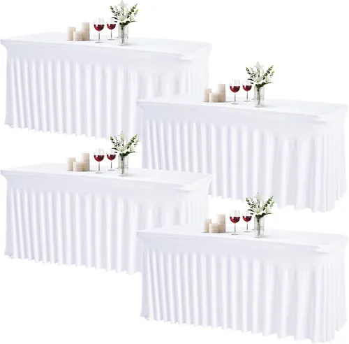 Miniatura 23 de JCJ Faldón de mesa para mesas rectangulares, manteles negros ajustados de spandex para mesas de 4 pies, faldones de mesa elásticos con volantes