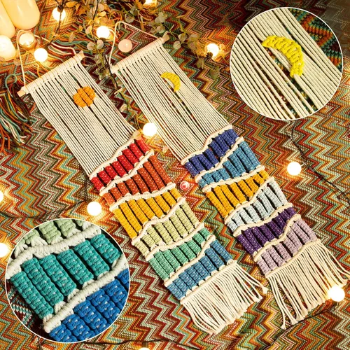 Miniatura 4 de Juego de decoración bohemia para colgar en la pared, 2 piezas de tapiz bohemio del suroeste bohemio hecho a mano con borla larga, adorno de arcoíris