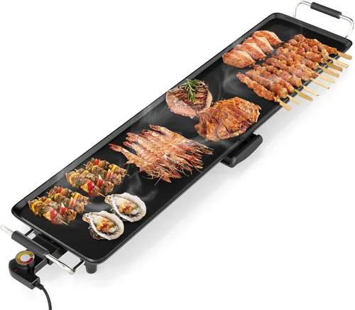LDAILY Plancha Eléctrica Antiadherente Extra Grande, Parrilla Teppanyaki BBQ con 4 Temperaturas Ajustables, Calentamiento Uniforme y Asas, Plancha