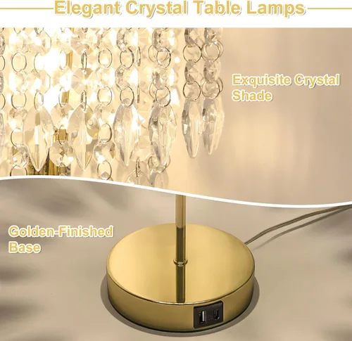 Miniatura 2 de Juego de 2 lámparas de mesa de cristal, lámpara de mesa de noche regulable de 3 vías con 2 puertos de carga USB, lámpara de noche dorada