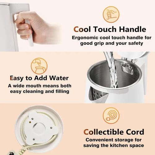 Miniatura 4 de Hervidor de agua interior de acero inoxidable de doble pared de 1.2L, inalámbrico, 1000 W de ebullición rápida con luz LED, cafetera y tetera