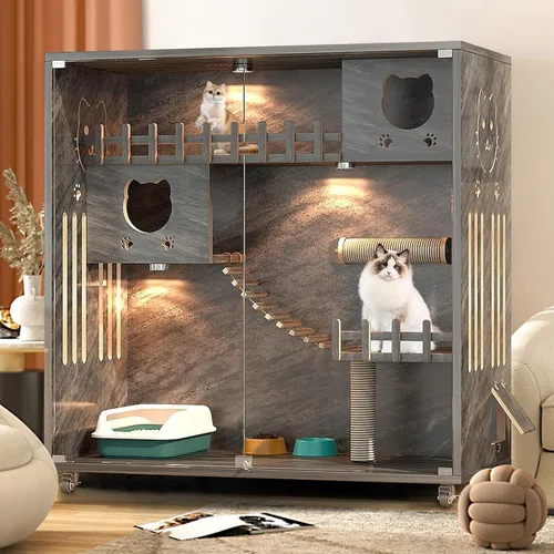 Condominio cerrado para gatos, jaula para gatos de gran espacio con poste rascador, recinto de madera para gatos para interiores y exteriores, casas