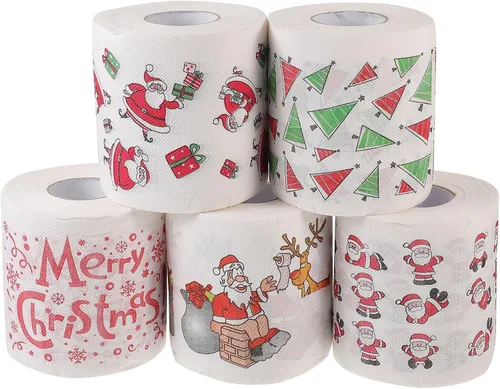 EXCEART Papel higiénico con patrón navideño, 5 rollos de celulosa de madera, servilletas navideñas, rollos de papel higiénico para baño, diseño