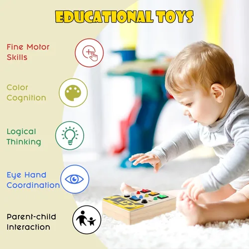 Miniatura 5 de Asweets Tablero Ocupado Montessori para Niños Pequeños, Tablero Ocupado de Madera con Interruptores LED, Juguetes Sensoriales para Autismo, Juguetes