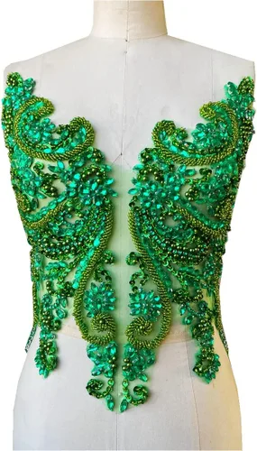 Apliques de encaje hechos a mano con diamantes de imitación para coser en cuentas y lentejuelas para accesorios de ropa de vestido, (verde)