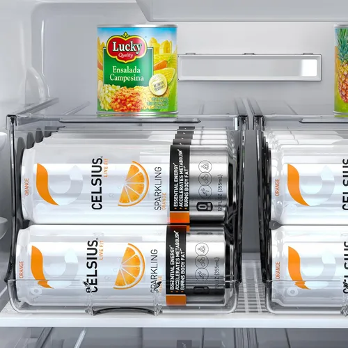 Miniatura 7 de SCAVATA Paquete de 2 organizadores de latas delgadas para refrigerador, dispensador de latas de soda alto y delgado apilable con tapa para nevera