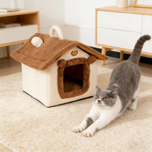 Miniatura 3 de Cama para gatos de interior, cama tipo cueva de gato con diseño de dibujos animados, diseño de mango, escondite suave para interiores, bonita casa
