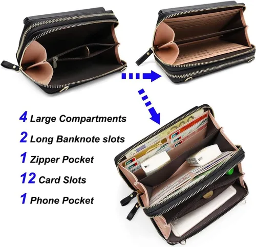 Miniatura 3 de Cartera de cuero para mujer con doble cremallera y correa para el hombro
